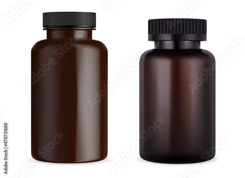 Brown pill bottle. Amber plastic vitamin capsule jar. Supplement tablet packaging set, round box. Remedy drug bottle mockup sample, isolated illustration. Pharmacy product vector package