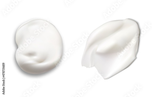 Cream texture vector swatch. White cosmetic gel smear. Facial cream stroke, realistic skin foundation. Creamy mousse swirl, round drop, top view. Toothpaste blob