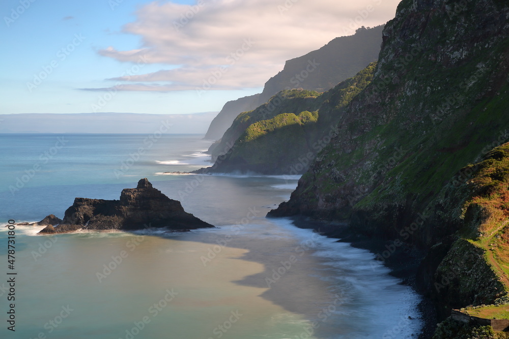 The spectacular North coast from Ponta Delgada to Sao Jorge, viewed from the viewpoint Miradouro Sao Cristovao, Madeira Island, Portugal