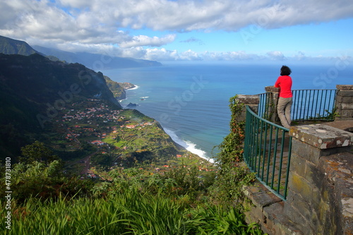 The spectacular North coast from Sao Jorge (and Arco de Sao Jorge) to Ponta Delgada viewed from the viewpoint Miradouro da Beira da Quinta, Madeira island, Portugal