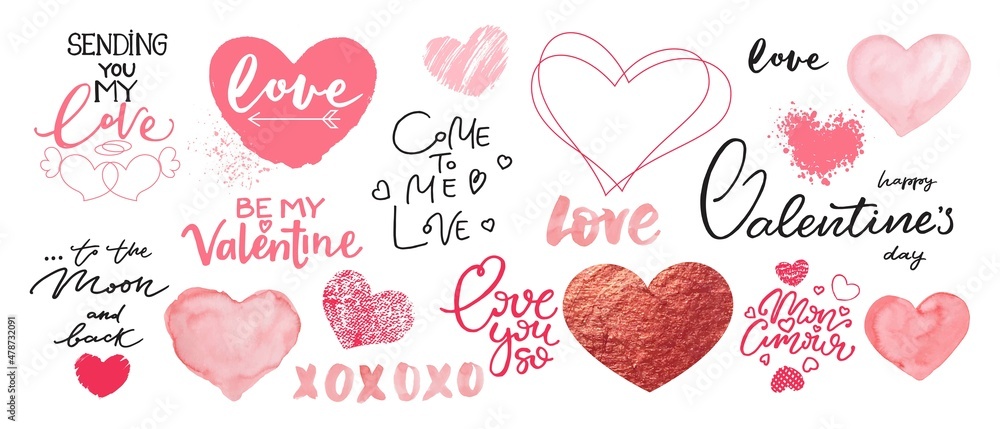 Valentine's day decorative elements. Set of hearts, romantic lettering, phrases for card, social media, messages, email. - obrazy, fototapety, plakaty 