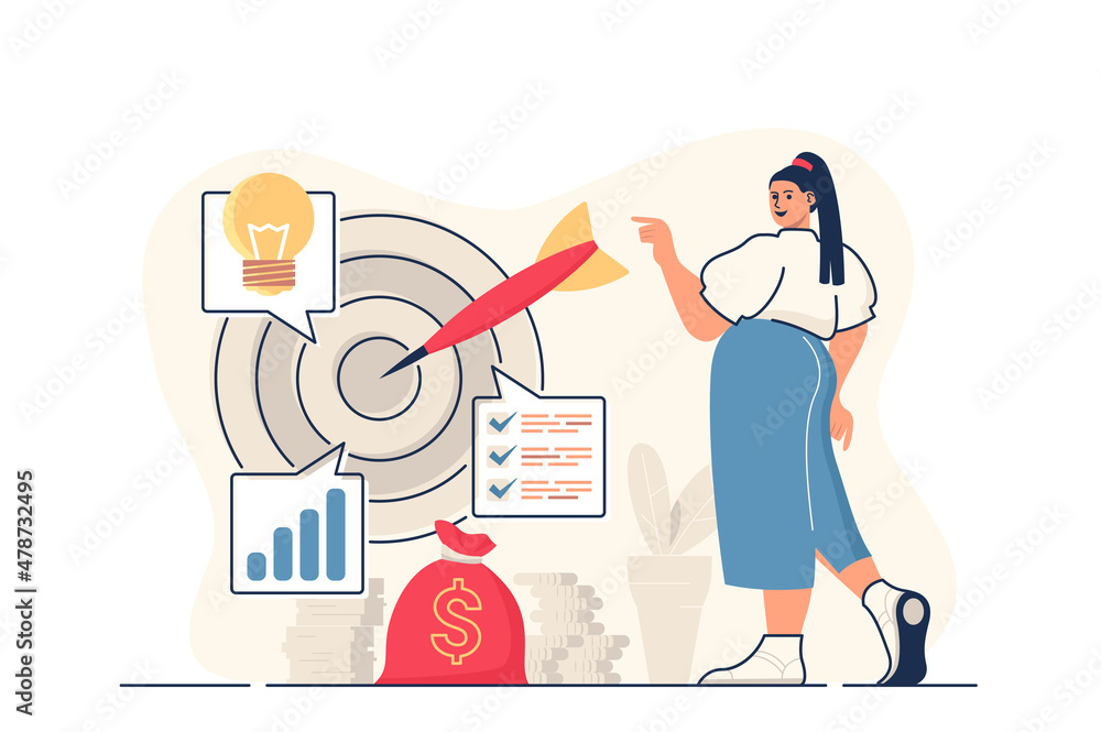 Business target concept for web banner. Woman following successful business strategy, aim at target, achievement modern person scene. Illustration in flat cartoon design with people characters Business target concept for web banner. Woman following successful business strategy, aim at target, achievement modern person scene. Illustration in flat cartoon design with people characters