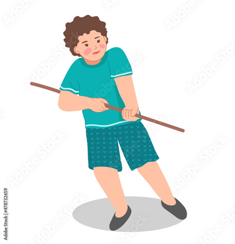 Illustration of child. Boy is playing tug of war. A child pulls a rope isolated on a white background