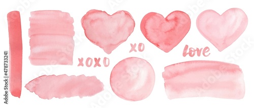 Set of pink watercolor Valentine's day design elements, place for text. Hearts, Love lettering, backgrounds.