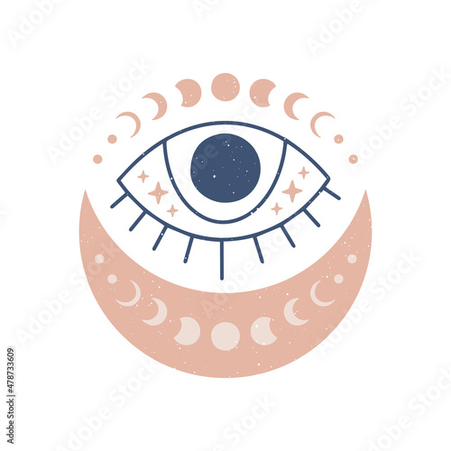 Hand drawn evil eye vector flat illustration. Magic witchcraft third eye with moon phases isolated on white background. Occult symbol. For esoteric t-shirt print, mystical logo, boho poster.
