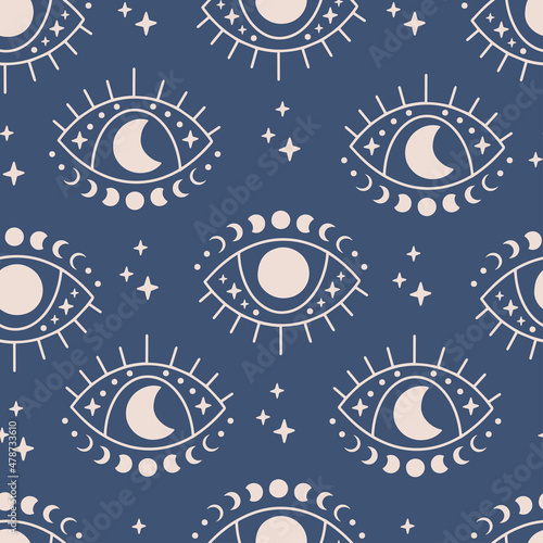 Boho vector seamless pattern. Hand drawn evil eye flat illustration. Magic witchcraft third eye with moon phases on blue background. For celestial print, fabric, wallpaper, textile, magical decor.