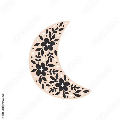 Floral crescent moon vector illustration. Hand-drawn ethnic symbol with flowers on white backround. Boho style decoration. Celestial t shirt, mugs print. Scandinavian poster, cards, logo.