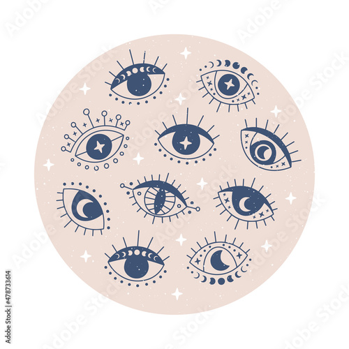 Hand drawn evil eye vector flat illustration. Magic witchcraft third eye with moon phases on beige background. Occult symbol. For esoteric t-shirt print, mystical card, boho poster.