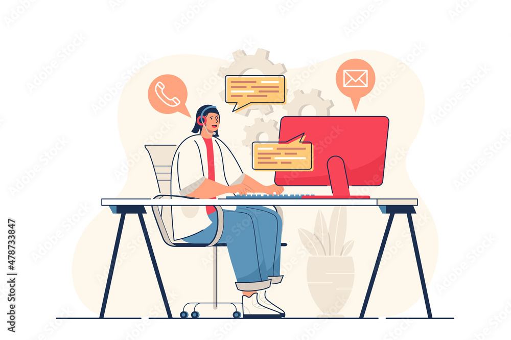 Customer service concept for web banner. Call center operator in headphones talks with client, hotline consultant modern person scene. Illustration in flat cartoon design with people characters