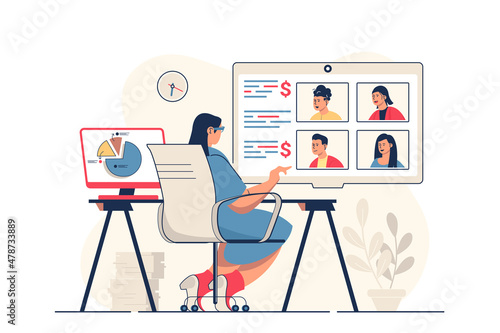 Video business conference concept for web banner. Colleagues discuss work tasks in group chat at online meeting  modern person scene. Illustration in flat cartoon design with people characters