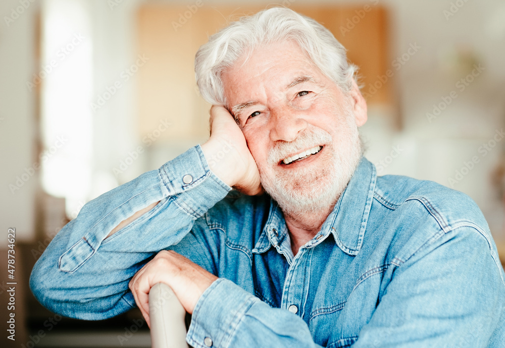 Portrait of beautiful senior bearded man smiling sitting at home looking at camera Portrait of beautiful senior bearded man smiling sitting at home looking at camera