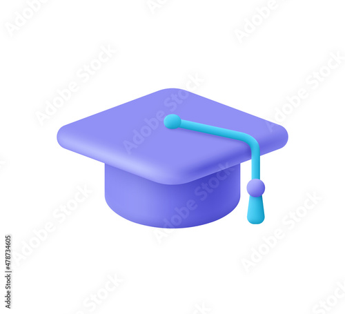 College cap, graduation cap, mortar board. Education, degree ceremony concept. 3d vector icon. Cartoon minimal style.