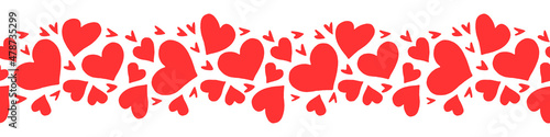 Vector edging, ribbon, border from red hearts. Seamless pattern, ornament, decoration on love romance theme