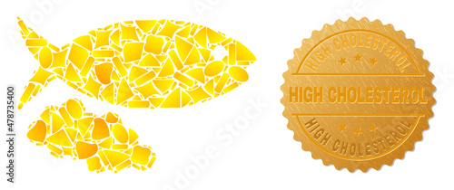 Golden mosaic of yellow for fish caviar icon, and golden metallic High Cholesterol badge. Fish caviar icon mosaic is constructed from randomized gold particles.