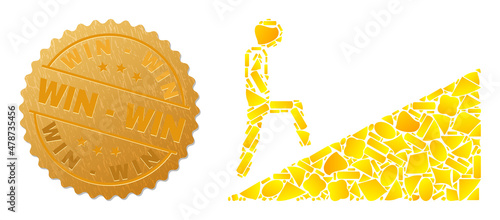 Golden composition of yellow spots for person climbing up icon, and gold metallic Win - Win stamp seal. Person climbing up icon composition is organized of randomized gold elements.