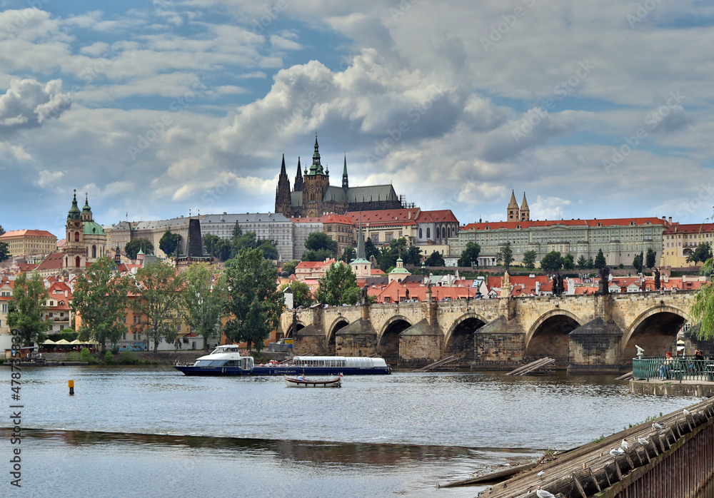 Prague Castle with Charles Bridge, Prague Old Town, blue sky with clouds