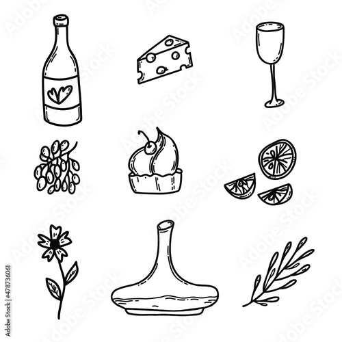 Clipart sketch collection of wine and snacks