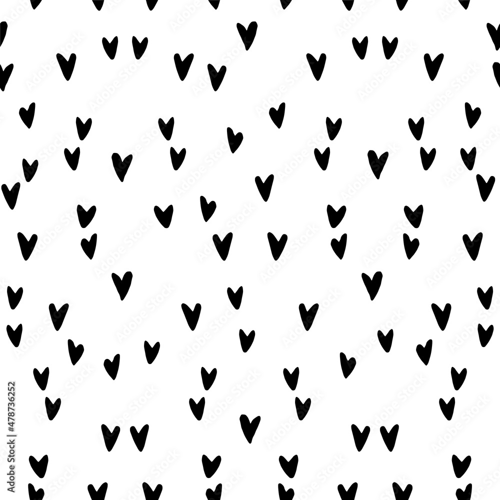 Vector Seamless abstract pattern of small black hearts. Hand drawn doodle background, texture for textile, wrapping paper, Valentines day.
