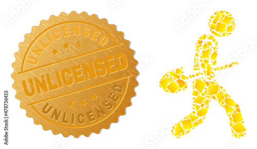 Golden mosaic of yellow items for shovel robber icon, and golden metallic Unlicensed stamp seal. Shovel robber icon composition is done of randomized gold spots.