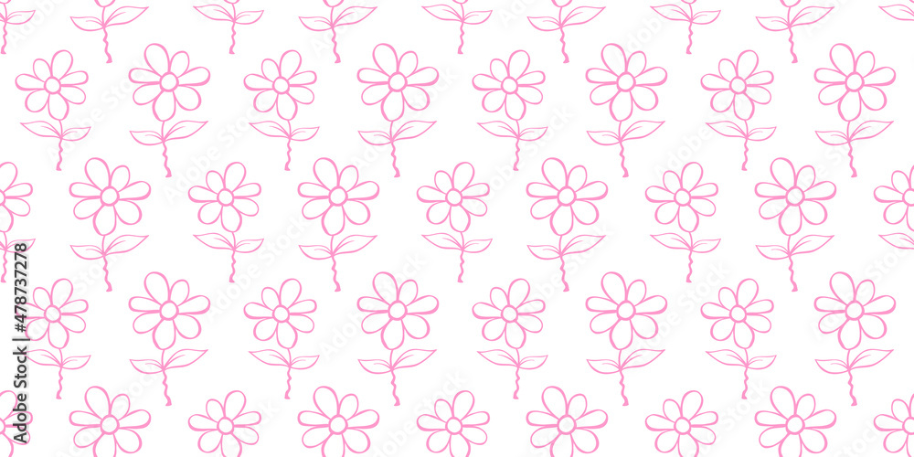 Vector simple primitive floral seamless pattern. Cute endless print with pink outline flowers. Sketch, doodle, scribble Vector simple primitive floral seamless pattern. Cute endless print with pink outline flowers. Sketch, doodle, scribble
