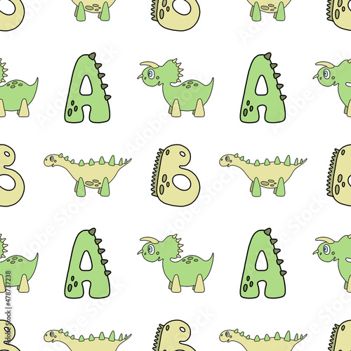 Vector seamless pattern with dinosaurs and letters a, b in light green colors. Childrens illustration for wallpaper, wrapping paper, stationery, fabric.