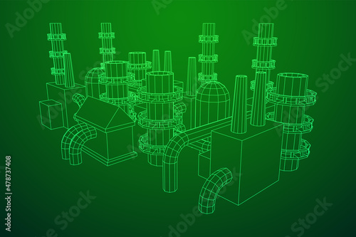 Industrial building factorie facilitie power plant with chimneys. Wireframe low poly mesh vector illustration.
