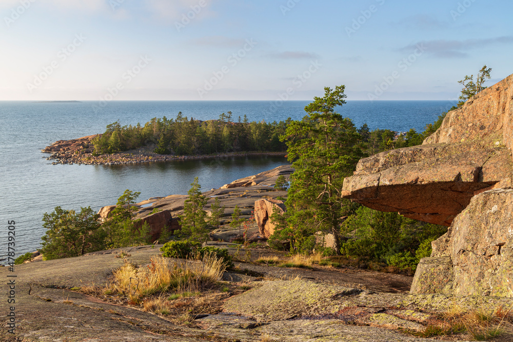 Rocky and forested cliff by the sea at Geta in Åland Islands, Finland, on a sunny day in the summer, viewed from above.