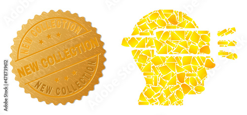 Golden combination of yellow items for virtual simulation icon, and gold metallic New Collection seal. Virtual simulation icon mosaic is created of scattered gold items.