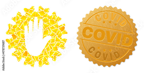 Golden collage of yellow items for stop hand coronavirus icon, and golden metallic Covid seal print. Stop hand coronavirus icon composition is done of randomized golden spots.