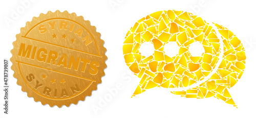 Golden mosaic of yellow for chat messages icon, and gold metallic Syrian Migrants seal. Chat messages icon composition is done of scattered golden items.