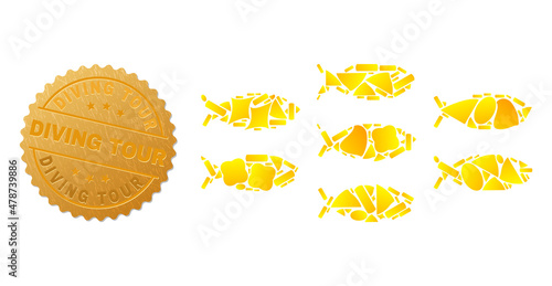 Golden composition of yellow for fish school icon, and golden metallic Diving Tour stamp. Fish school icon mosaic is created of randomized golden elements.