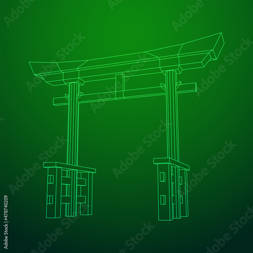 Torii sacred traditional gate. Symbol of Japan,shintoism religion. Japanese Tori arch ancient entrance. Wireframe low poly mesh vector illustration