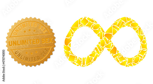 Golden collage of yellow parts for curve infinity icon, and golden metallic Unlimited Sex badge. Curve infinity icon collage is made from random golden elements.
