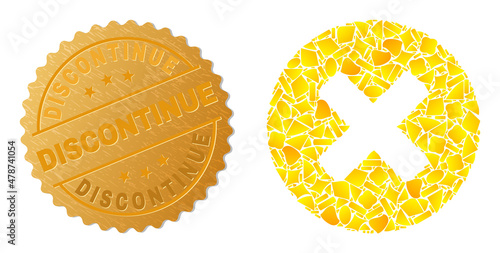 Golden composition of yellow fractions for reject icon, and golden metallic Discontinue stamp seal. Reject icon composition is composed of random gold particles.