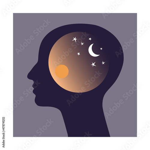 Head silhouette with day and night symbols. Concept of circadian rhythm.