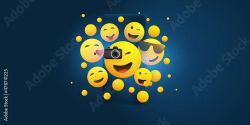 Many Various Smiling, Cheering Happy Yellow Emoticons - People Having Fun in Front of a Smart Phone Screen - Social Media Concept, Vector Design