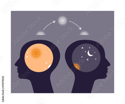 Two head silhouettes with day and night symbols. Concept of circadian rhythm. Difference between early risers and late sleepers.