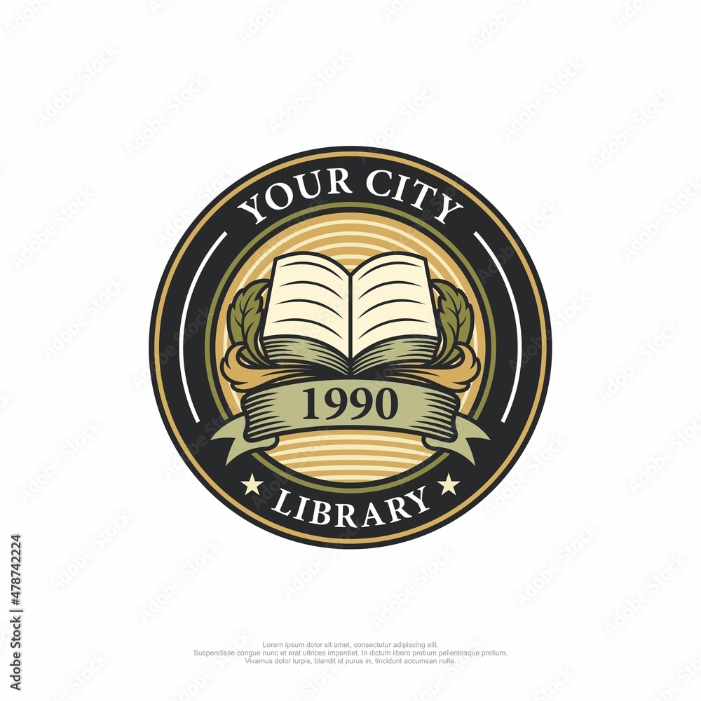 Vintage library logo with book and classic ornament Stock Vector ...