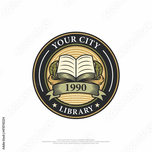 Vintage library logo with book and classic ornament