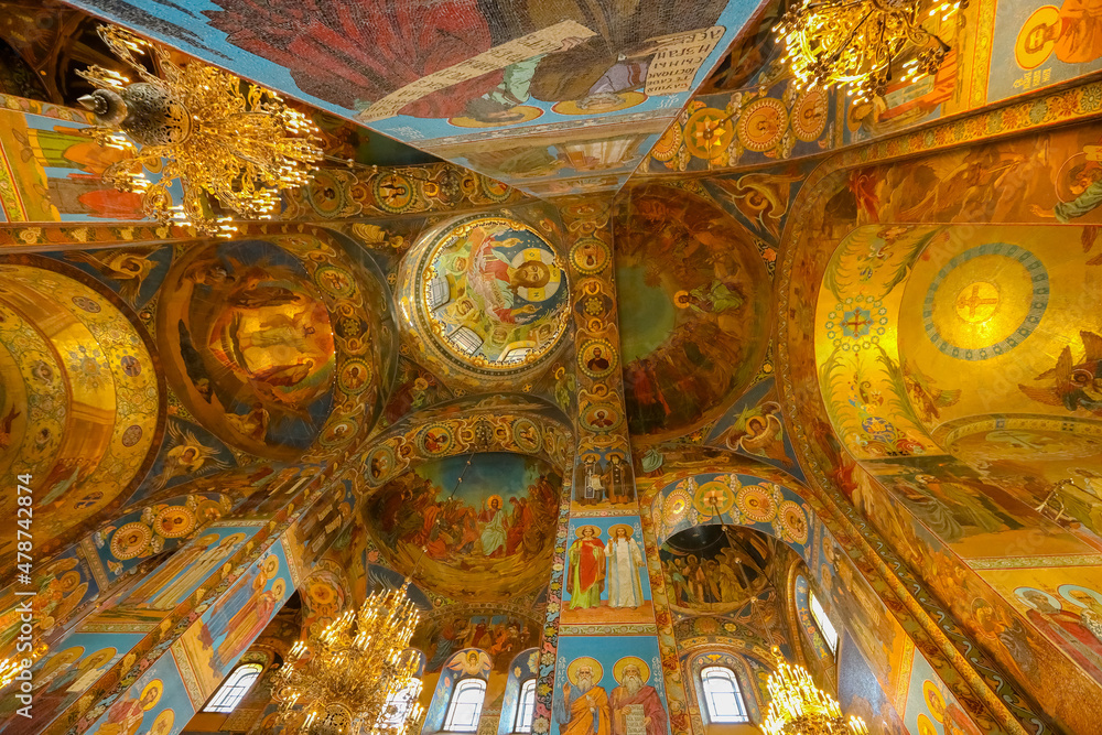 SAINT PETERSBURG, RUSSIA - JULY 7, 2021: The interior of the Church of the Savior on Spilled Blood. Mosaics 