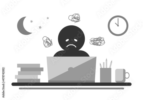 Office worker stressful and sad deadline busy overtime (O.T.) late night on working space table laptop or computer notebook white background flat vector design.