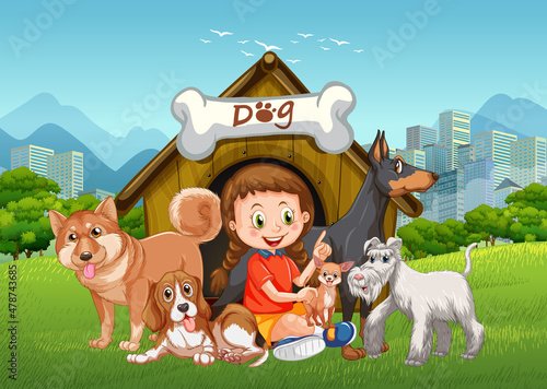Outdoor scene with a girl playing with her dogs