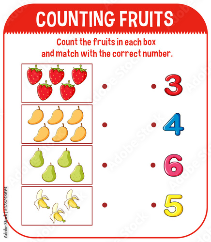 Math game template with counting fruits