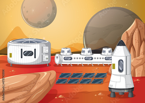 Landscape of planet surface with colony buildings