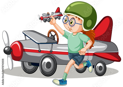 Young girl playing with plane toy standing in front of plane