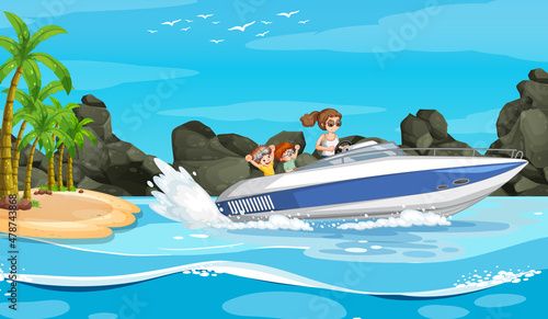 Ocean scenery with a woman driving speedboat and children