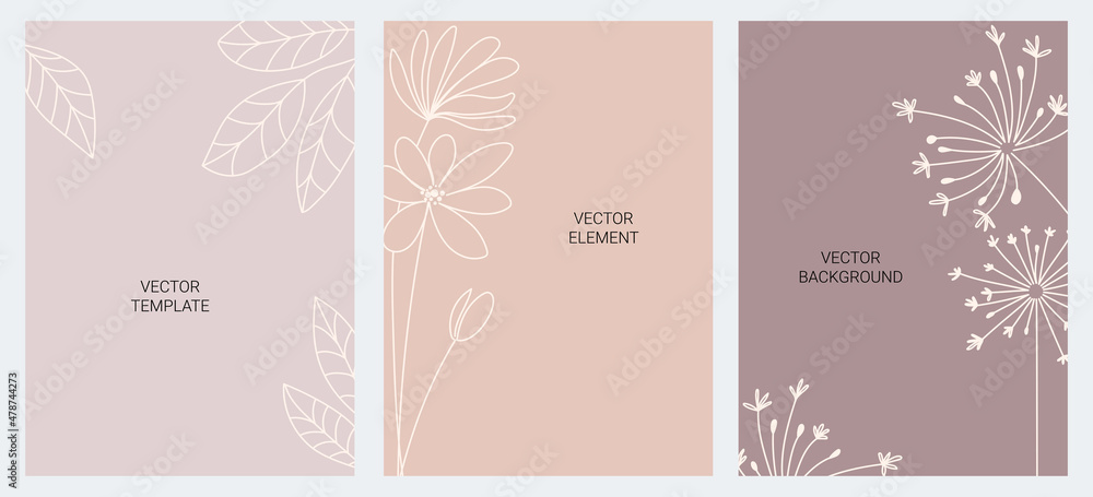 Set of creative hand painted one line abstract shapes. A place for the text. Minimalistic images of icons: flowers, leaves. For postcard, poster, placard, brochure, cover design, web.