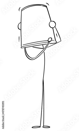 Person With Bucket on Head, Hiding Face from Shame, Vector Cartoon Stick Figure Illustration