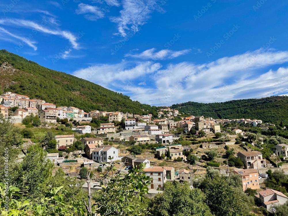 Venaco, charming village nestled in the mountains of Corsica, France.