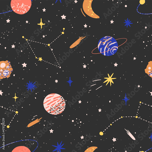 Seamless pattern with hand drawn space elements space, planets, stars, meteorites, moon. Trendy space vector background. Design for textiles, wallpapers, wrapping paper, banners and other.